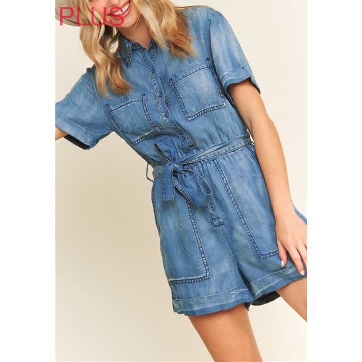 M.DENIM 9377X Plus Size Vasket Tencel Denim Krave Knap-Op Romper for engroshandel på Faire11