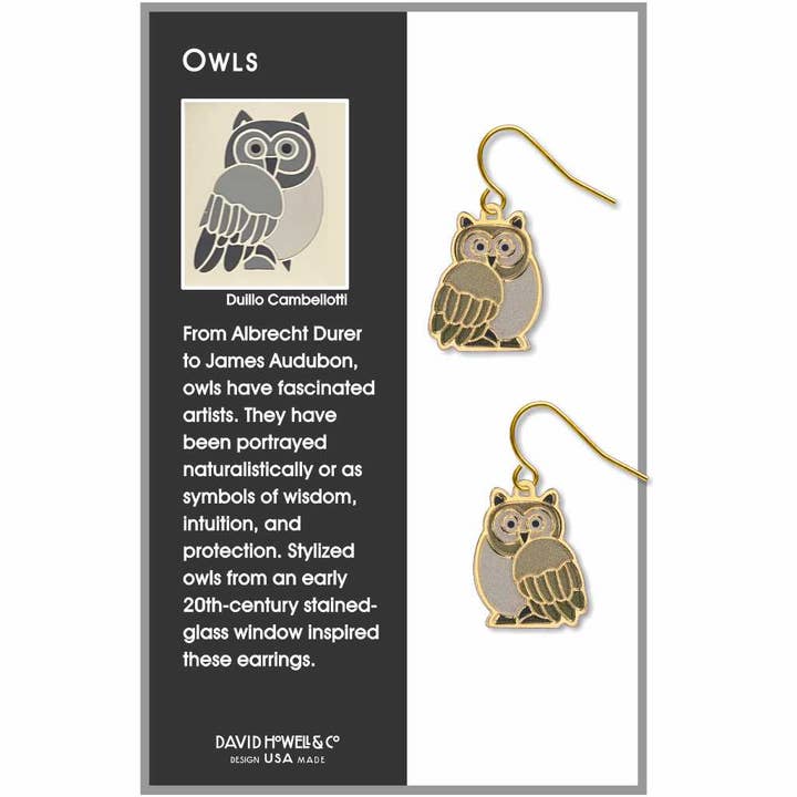 David Howell and Company - Wholesale Dangle Earrings - Owl Gold Earrings, MADE in USA1