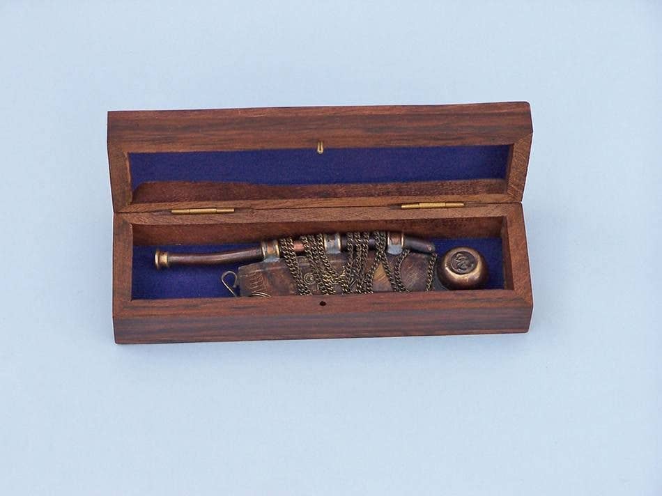 Hampton Nautical - Wholesale Decorative Tabletop Object - Antique Copper Boatswain (Bosun) Whistle 5" w/ Rosewood Box2