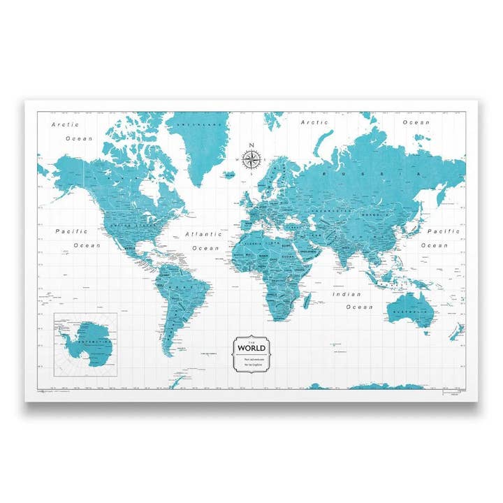 Push Pin World Map Pin Board - Teal Color Splash - Pins Included! for wholesale by Conquest Maps