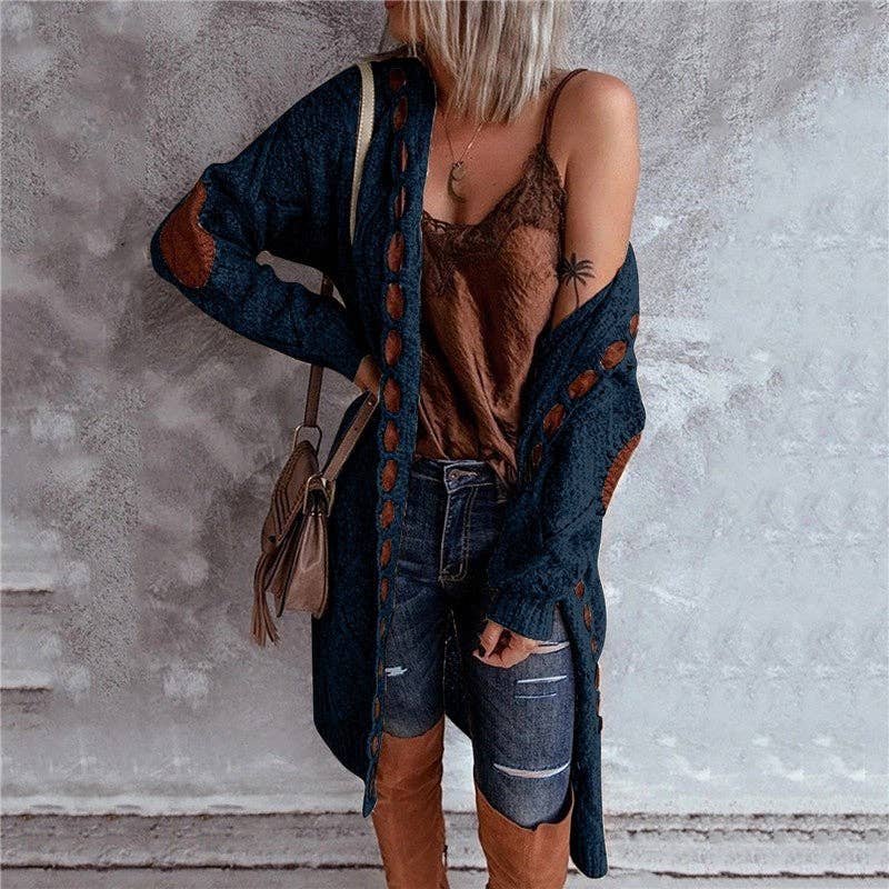 NAVY Color Block Loose Long Cardigan Cotton Sweater for wholesale on Faire0