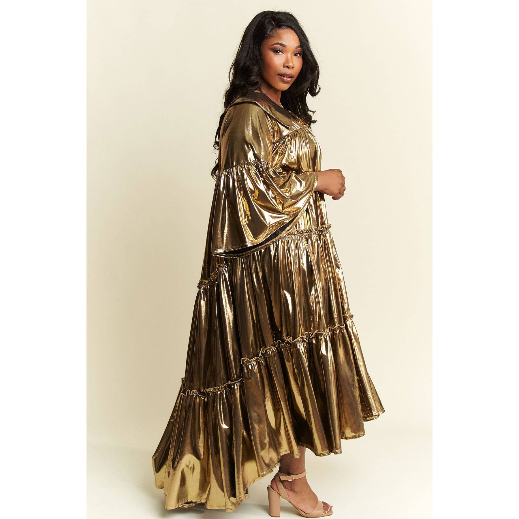 DORCAS – Vestido - Mulher por atacado – Vestido Midi Plus Metálico Plissado Flare5