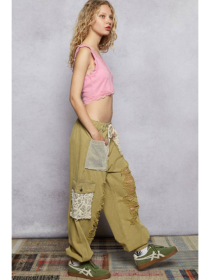 Pol Clothing - Wholesale Pants - Women's - Vintage Wash Crochet Patches Distress Jogger Pants SALE55