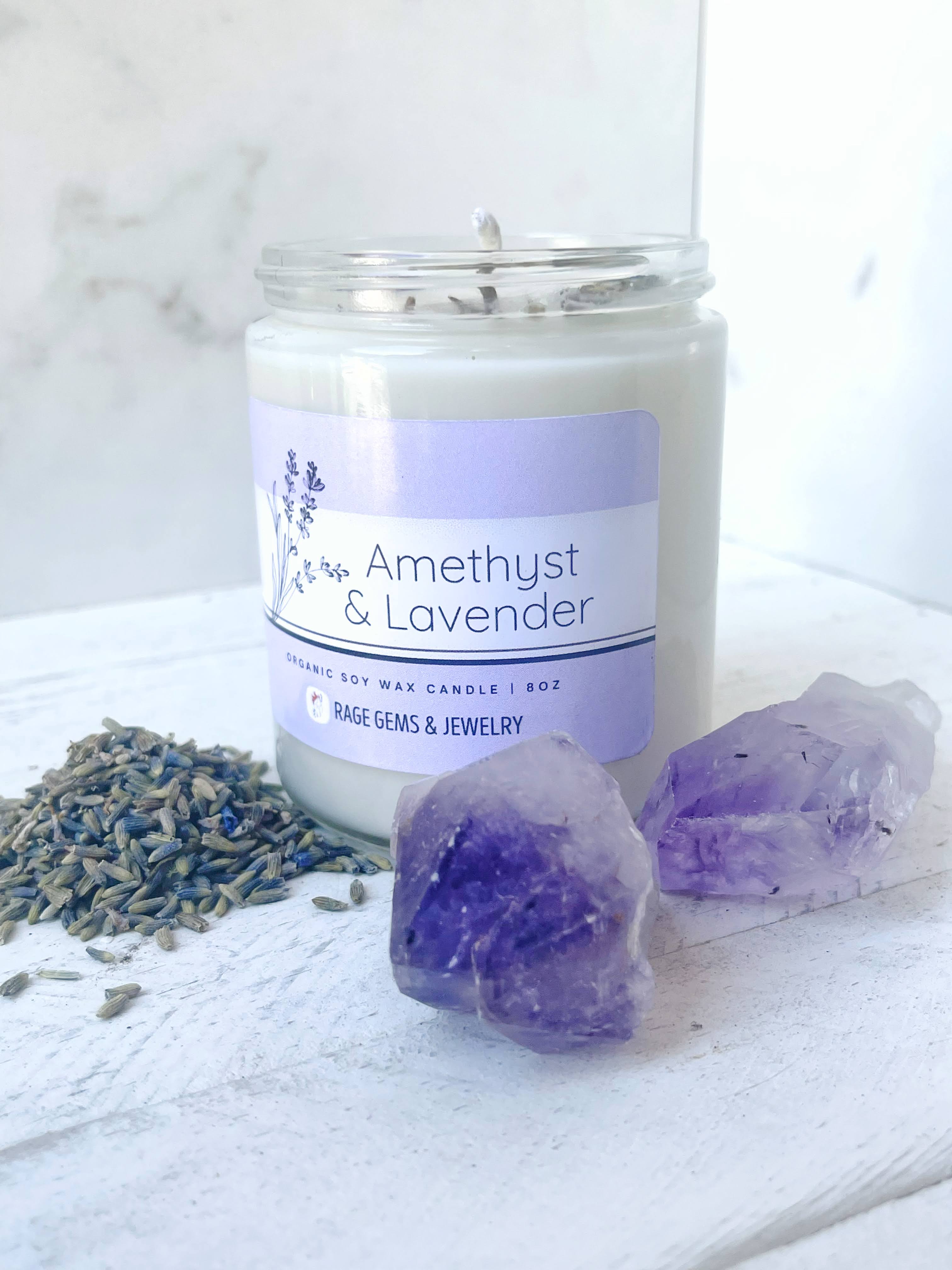 Rage Gems & Jewelry - Wholesale Jar/Filled Candle - Amethyst & Lavender Organic Soy Wax Candle2