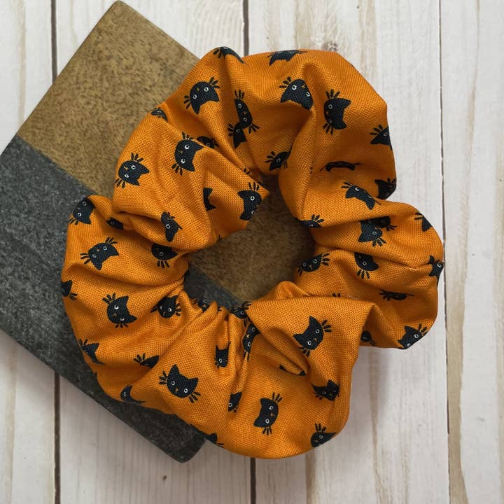 Orange with Black Cats Halloween Handmade Scrunchie for wholesale by QuietJoy