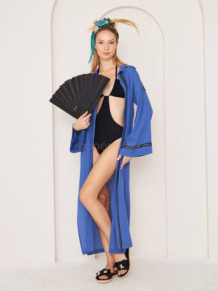 Quimono de Algodão Orgânico Azure Boho Blue com guarnições por atacado de bohémisse
