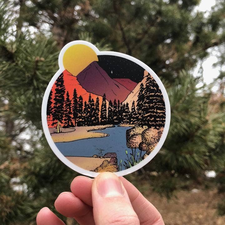Mountains in the Moonlight Sticker for wholesale by Roam Wild Designs