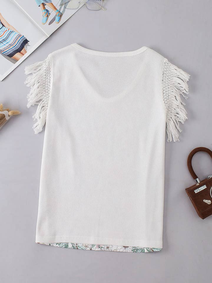 White Floral Crinkle Gauze Lace Fringed Crochet Top for wholesale on Faire