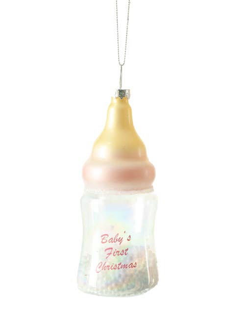 Pink Baby Bottle Ornament with "Baby's First Christmas " for wholesale by Starlight Collection