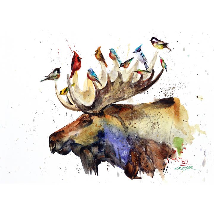 5 x 7" Greeting Card 'MOOSE & BIRDS' for wholesale by The Art of Dean Crouser Greeting Cards & Stickers