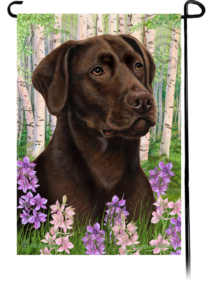 Labrador Chocolate American Spring Flowers Flag for wholesale by Pet Gifts USA, LLC