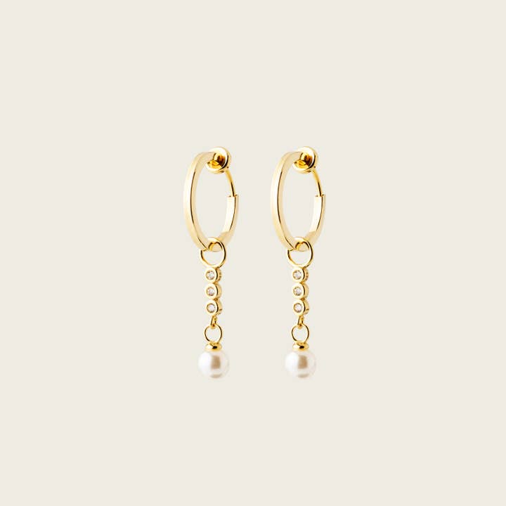 Pearl Dangle Hoop Charms Mini Hoop Clip On Earrings Set Gold for wholesale by Aiori