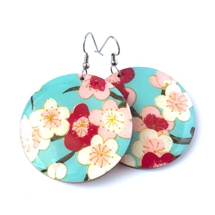 Brincos redondos de flor de cerejeira turquesa e vermelha por atacado de Prettykiku