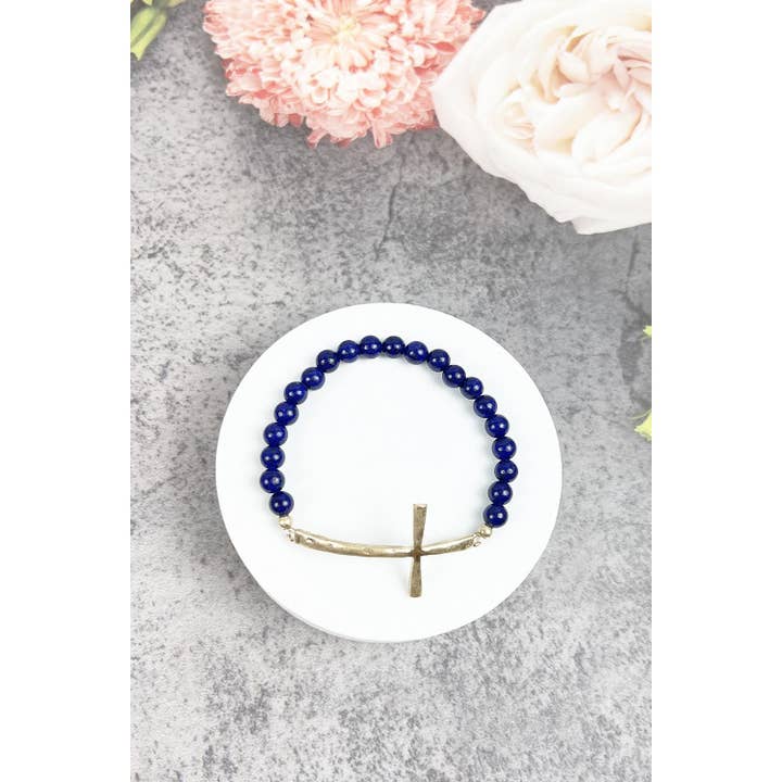 JHP Collection - Wholesale Beaded Bracelet - RELIGIOUS METAL CROSS STONE BEADED BRACELET