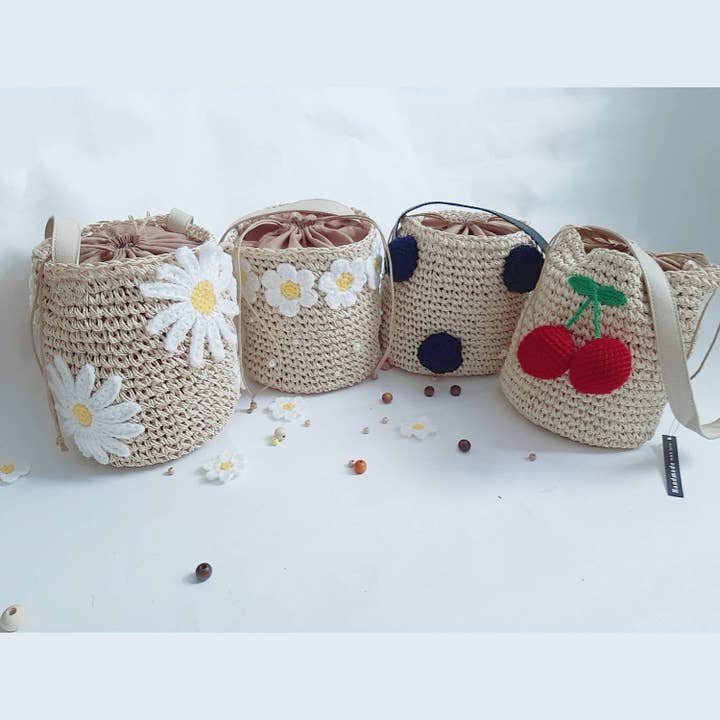 Daisy Crocheted Bucket Bag With Cherry & Pompom Detail for wholesale by LeisTextileStudio