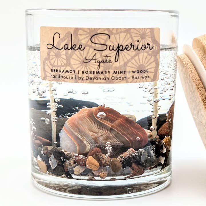 Lake Superior Agate Gel Candle | TREASURE CANDLE! for wholesale by Devonian Coast