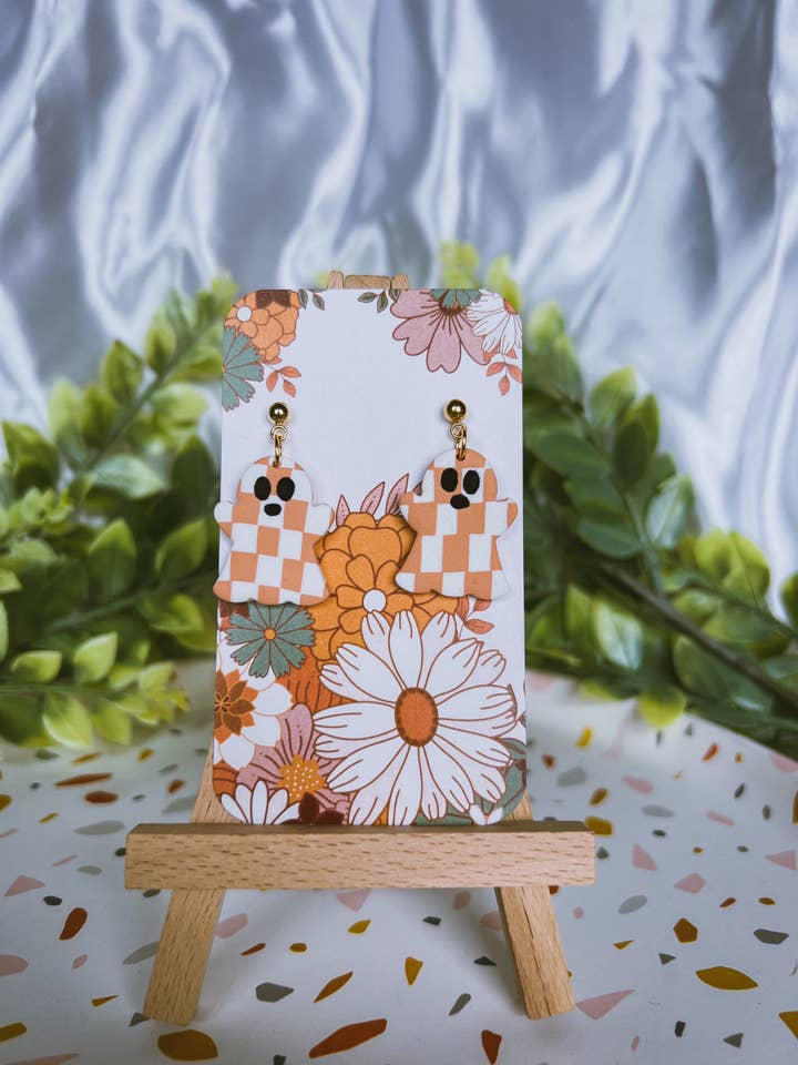 Orange And White Checker Spooky Ghost Handmade Polymer Clay Earrings for wholesale by Belu Designss