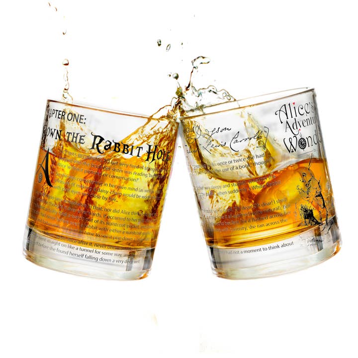 Alice in Wonderland Literature Rocks Glass for wholesale by Greenline Goods