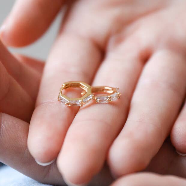 Lisa Angel - Wholesale Huggie Earrings - Baguette Crystal Huggie Hoop Earrings in Gold2