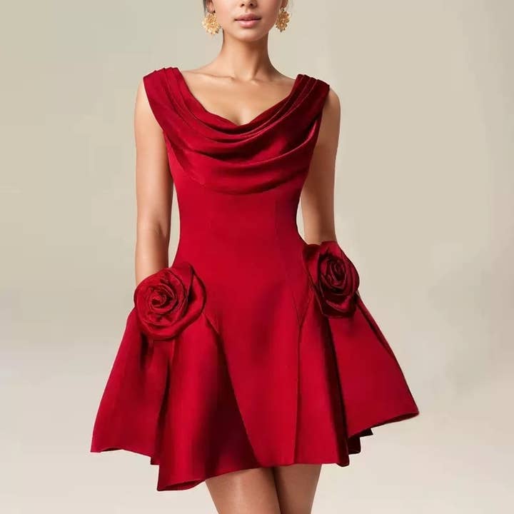 DR643Y Elegant High Waist Red Dress with 3D Flower Accents for wholesale by Productseeker