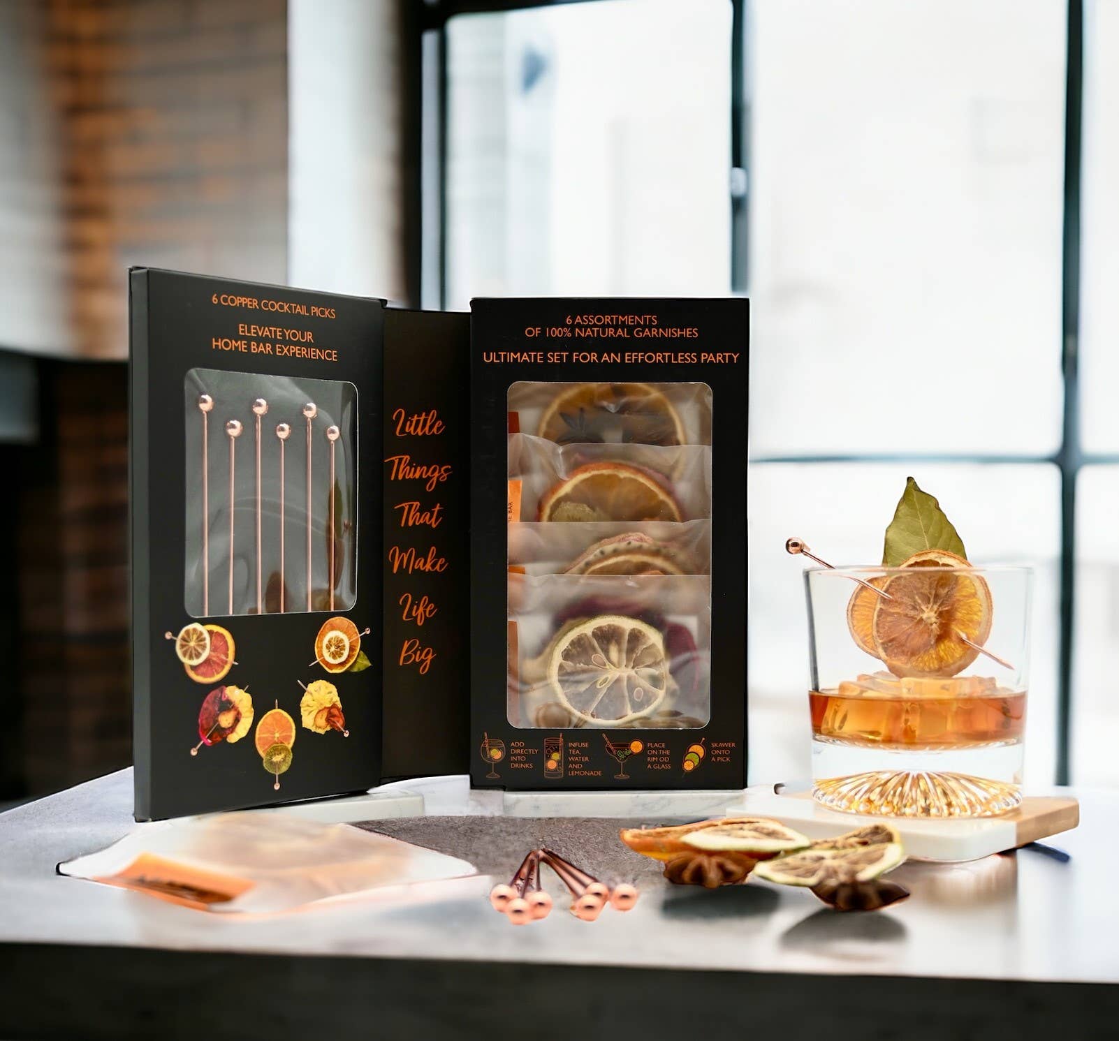 MILLIN - Vente Mélange/sirop pour cocktails - Ensemble de garniture de cocktail Gourmet aux fruits secs avec pics en cuivre 6