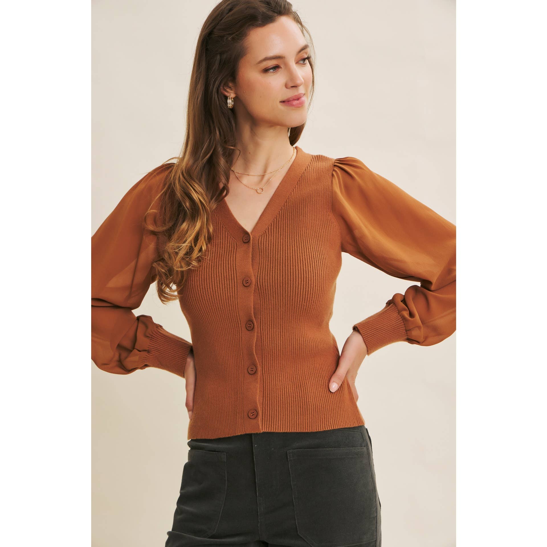 in february - Wholesale Cardigan - Women's - FITTED RIB SWEATER CARDIGAN WITH SHEER CHIFFON SLEEVES2