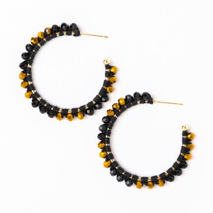 Game Day Crystal Threaded Beads Hoop Earrings Black + Gold Wholesale for wholesale by INK + ALLOY