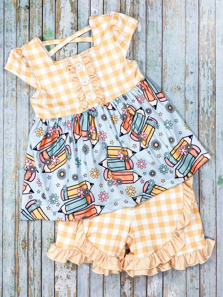 The Hair Bow Company - Wholesale Top & Short Set - Kids - Yellow Gingham & Pencils Ruffled Shorts Set