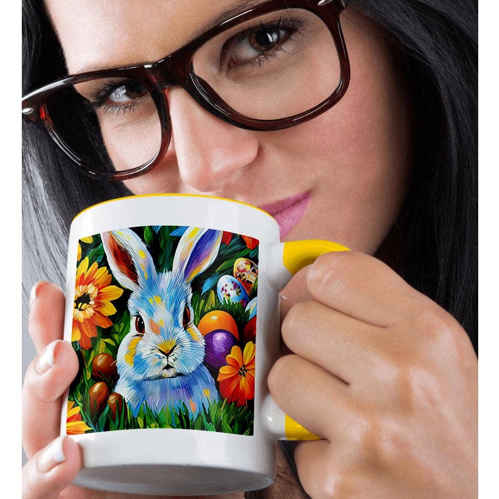 3dRose - Wholesale Coffee Mug - 3dRose, Cute Easter bunny in the garden. Orange flowers, painted eggs gift, Mug1