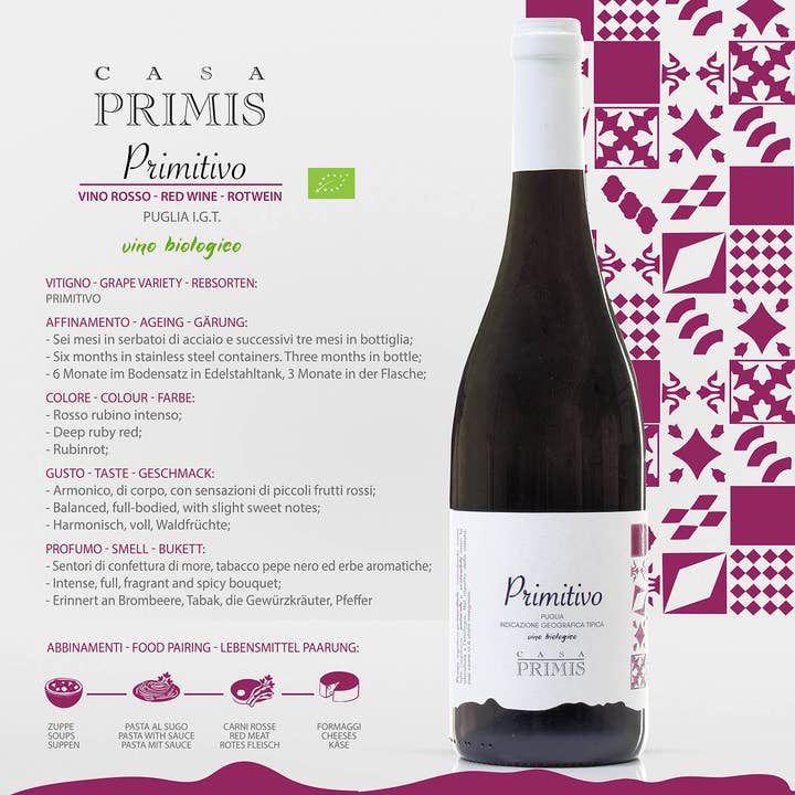 IGT PUGLIA Primitivo Rosso BIO pour la vente par CASA PRIMIS