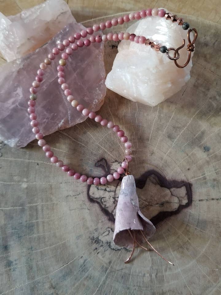 Rhodonite necklace with handmade clay tulip for wholesale by S.Alexander