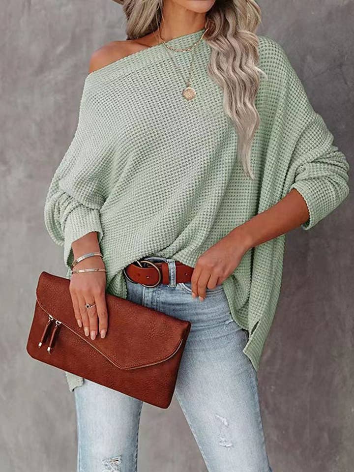 Knitted Waffle-Pattern Off-Shoulder Top for wholesale by THE WIZ
