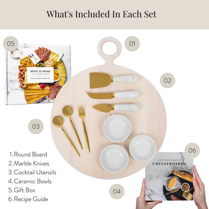 HOST AT HOME by The Bamboo Abode - Wholesale Cheese Board - 10 Piece Charcuterie Board Gift Set, White-Washed