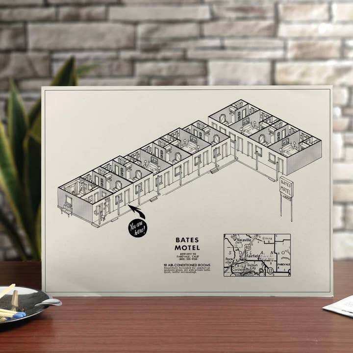 Motel plan inspired by PSYCHO - BATES hotel map for wholesale by KikoIlustrador