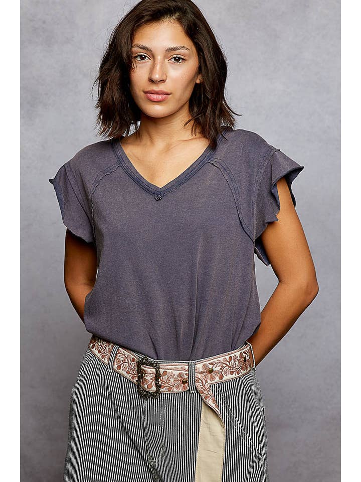 Pol Clothing - Wholesale T-Shirt - Women's - V-neck ruffle short sleeve solid basic cotton top42