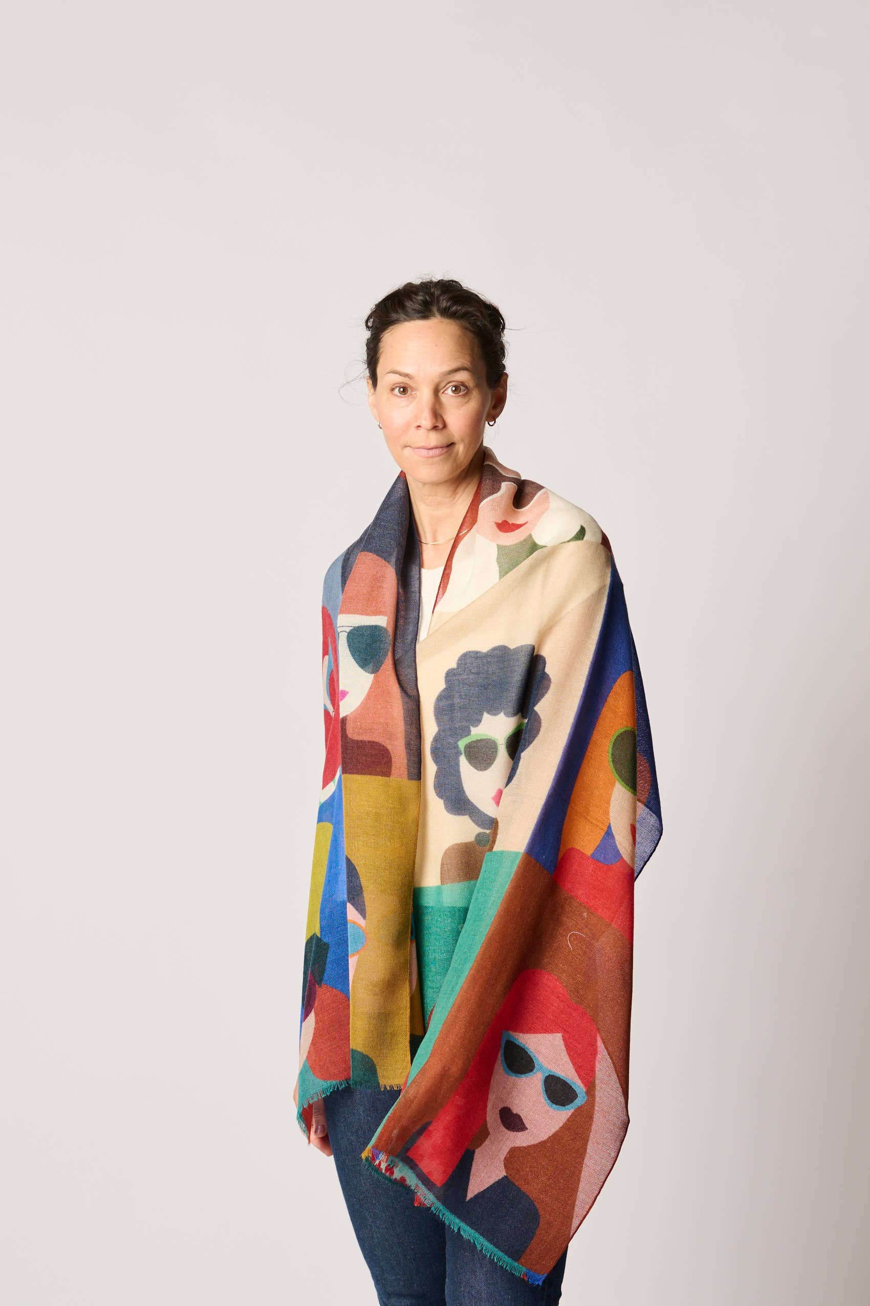 Margolis Pineo Italia - Wholesale Scarf - Women's -   RESTOCKED "GIRLS W/ GLASSES" ART SCARF—SOFT WOOL FLEECE 17