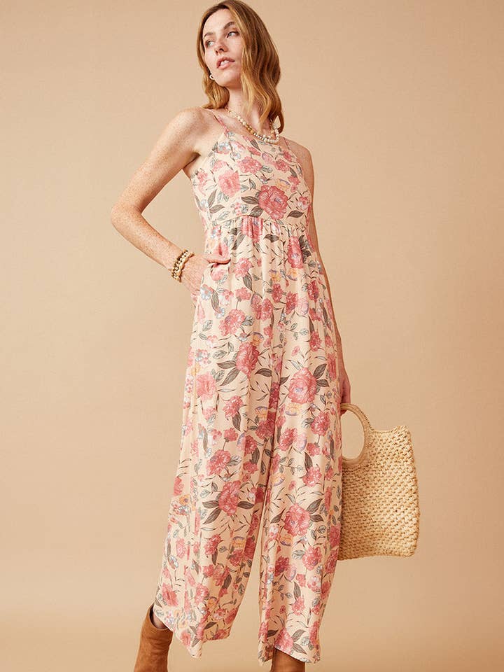 Womens Romantic Floral Smocked Wide leg Jumpsuit for wholesale by Hayden LA