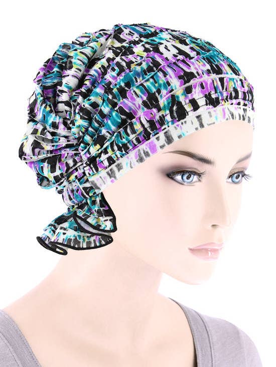 The Abbey Cap Ruffle Purple Turquoise Geometric for wholesale by Turban Plus