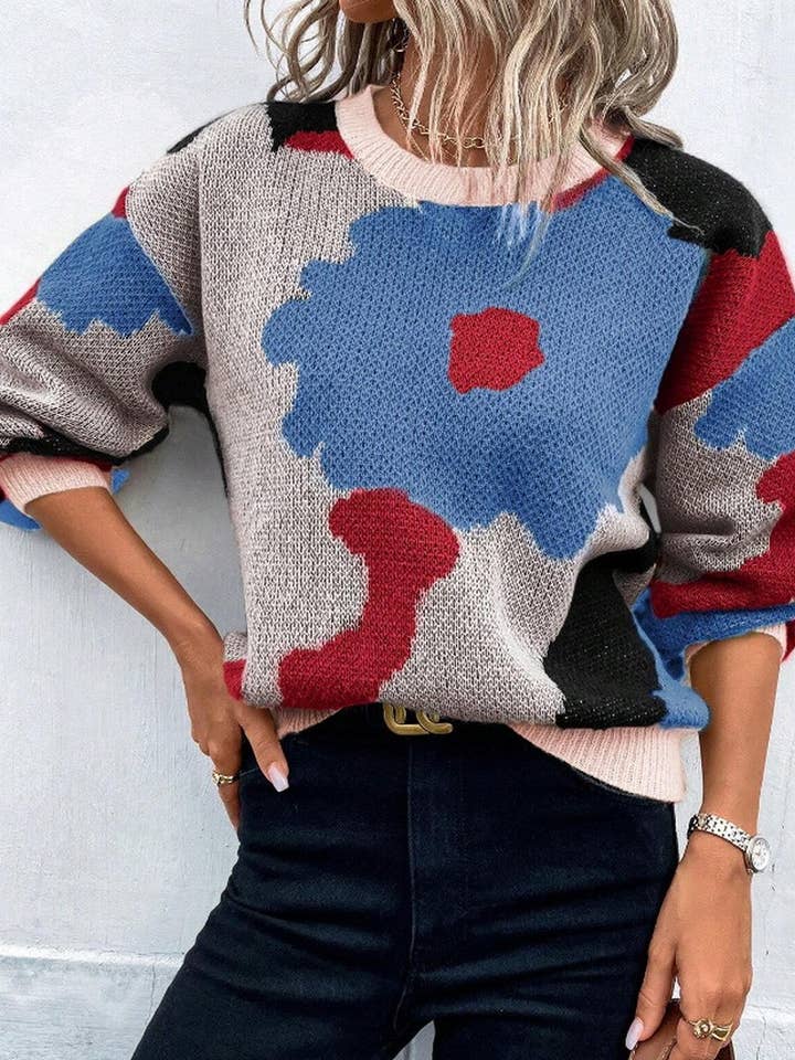 NINEXIS - Wholesale Knit Sweater - Women's - CWOSWL5555_JACQUARD CREW NECK LONG SLEEVE KNITTED SWEATER