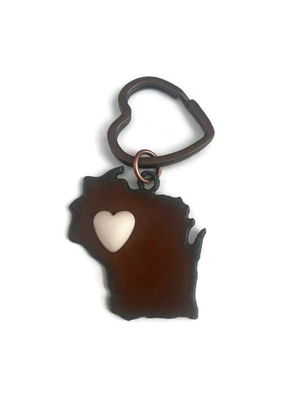 The Rustic Barn - Wholesale Keychain - Unisex - Rustic Keychain WISCONSIN shape with white heart0