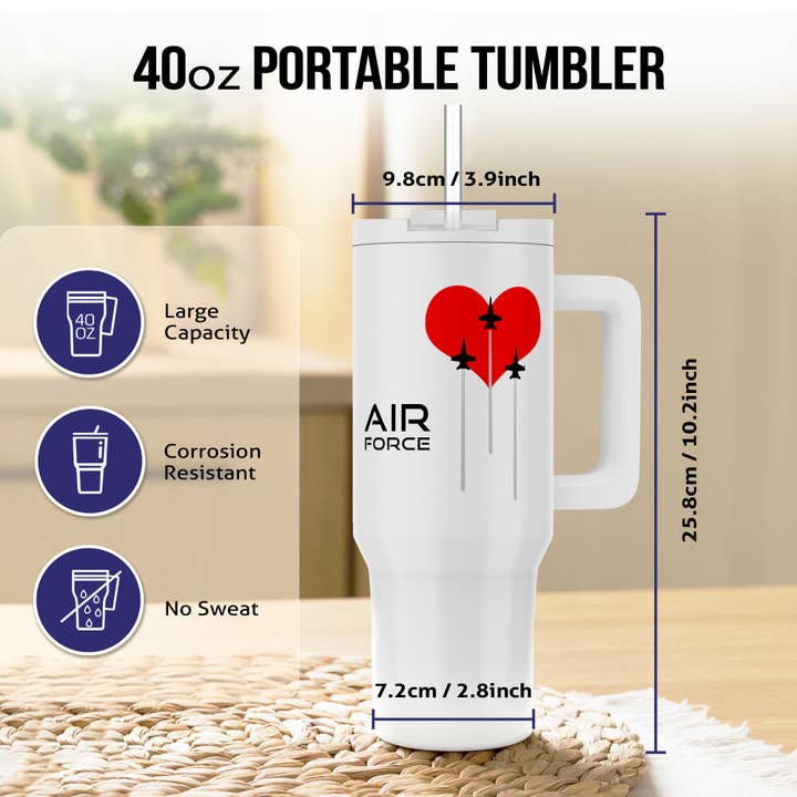 3dRose - Wholesale Insulated Mug/Tumbler - 3dRose, Red heart, three fighter planes, contrails. Text Air Force on white, Tumbler6