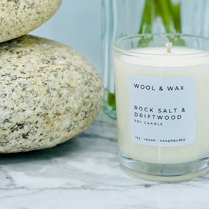 Wool & Wax - Wholesale Jar/Filled Candle - Mini Rocksalt & Driftwood Handmade Luxury Soy Candle