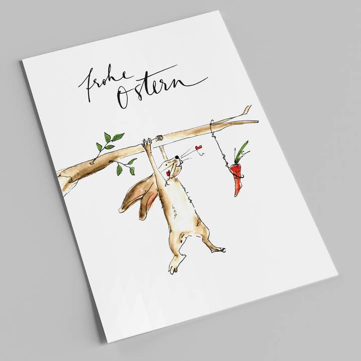 Osterkarte | Frohe Ostern |Hase hangelt an Baum | Postkarte für den Großhandel von Annelis Art
