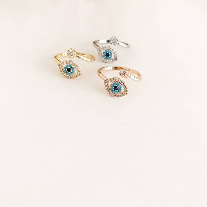 Evileyefavor - Wholesale Cocktail/Statement Ring - Adjustable Evil Eye Ring, Zircon Evil Eye Ring, Rose Gold Silver Ring2