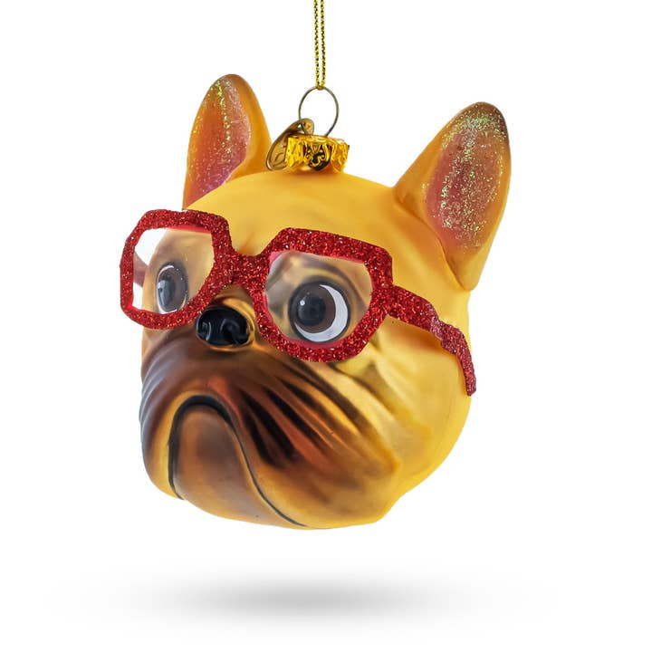 BestPysanky - Venta al por mayor Adornos - Adorno de cristal con diseño de bulldog hipster con gafas de color rojo rubí