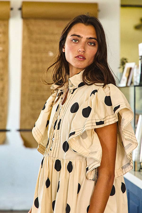 BUCKETLIST INC - Wholesale Dress - Women's - ID4283 Ruffle Sleeve Pintuck Detail Polka Dot Mini Dress9