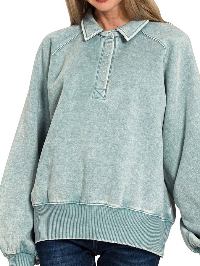 Acid Wash Fleece Button Up Collared Pullover for wholesale by Vanilla Monkey