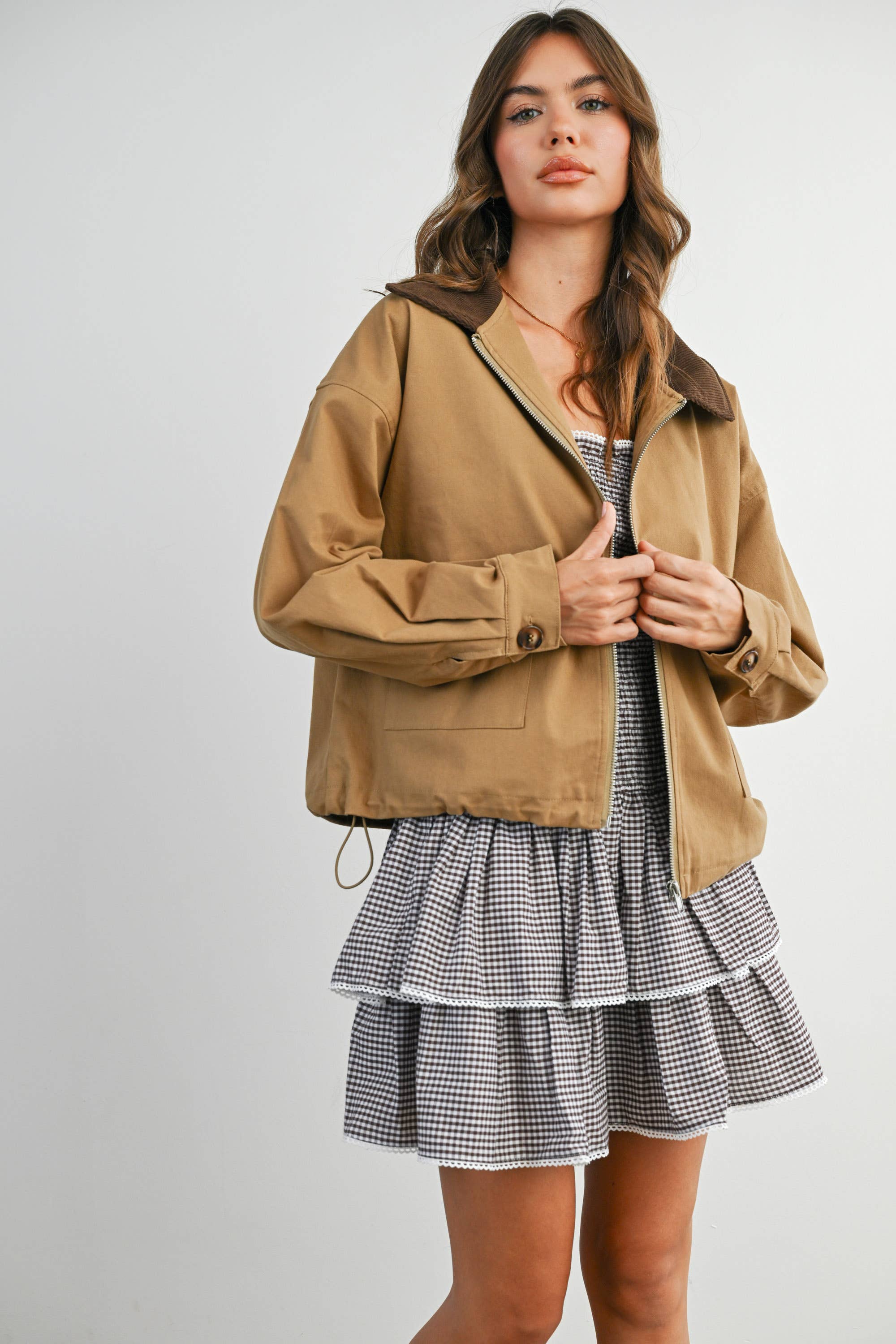 BUTTERMELON - Wholesale Jacket - Women's - Collared Zip-Up Drawstring Jacket - BMJ782517