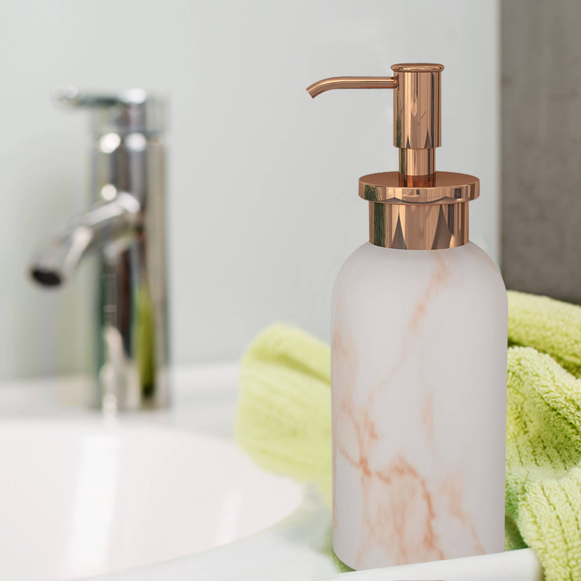 nu steel – wholesale Tvåldispenser – Misty Rose Gold Marble Finish flytande tvål Pump1