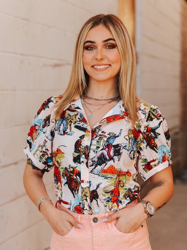 Cream Western Printed Puff Short Sleeve Top for wholesale by LUCKY & BLESSED